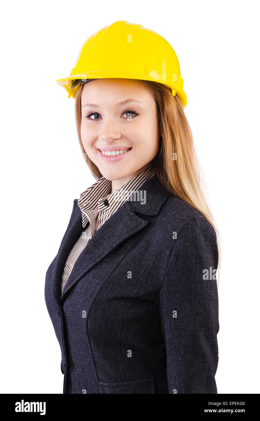 Woman construction worker isolated on white Stock Photo - Alamy