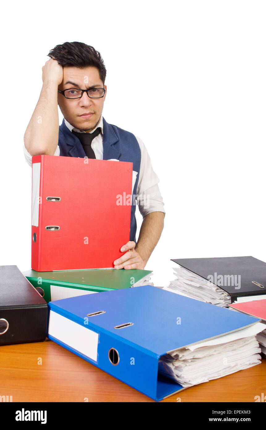 Funny man with lots of folders on white Stock Photo - Alamy