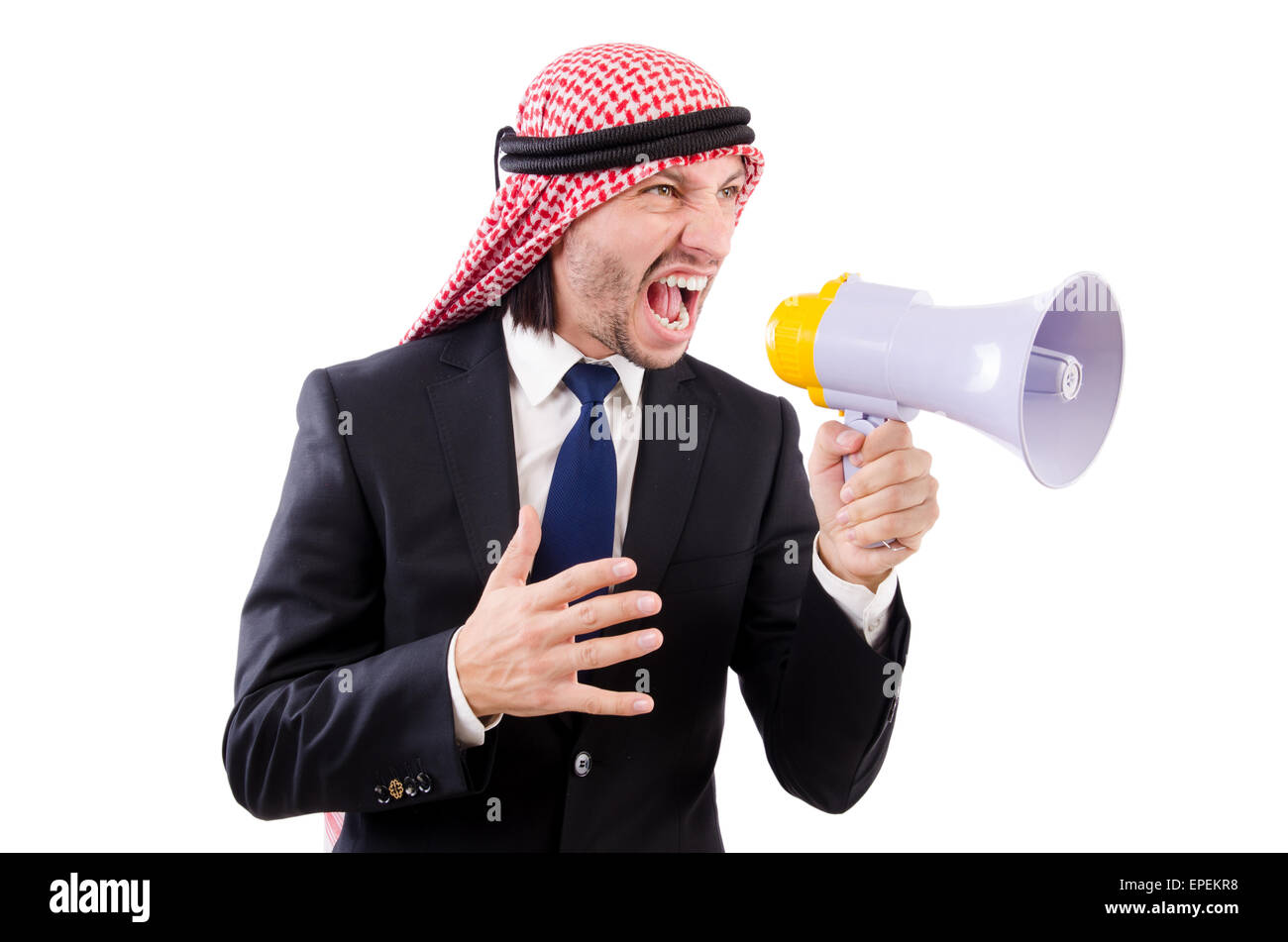 Arab yelling with loudspeaker isolated on white Stock Photo - Alamy