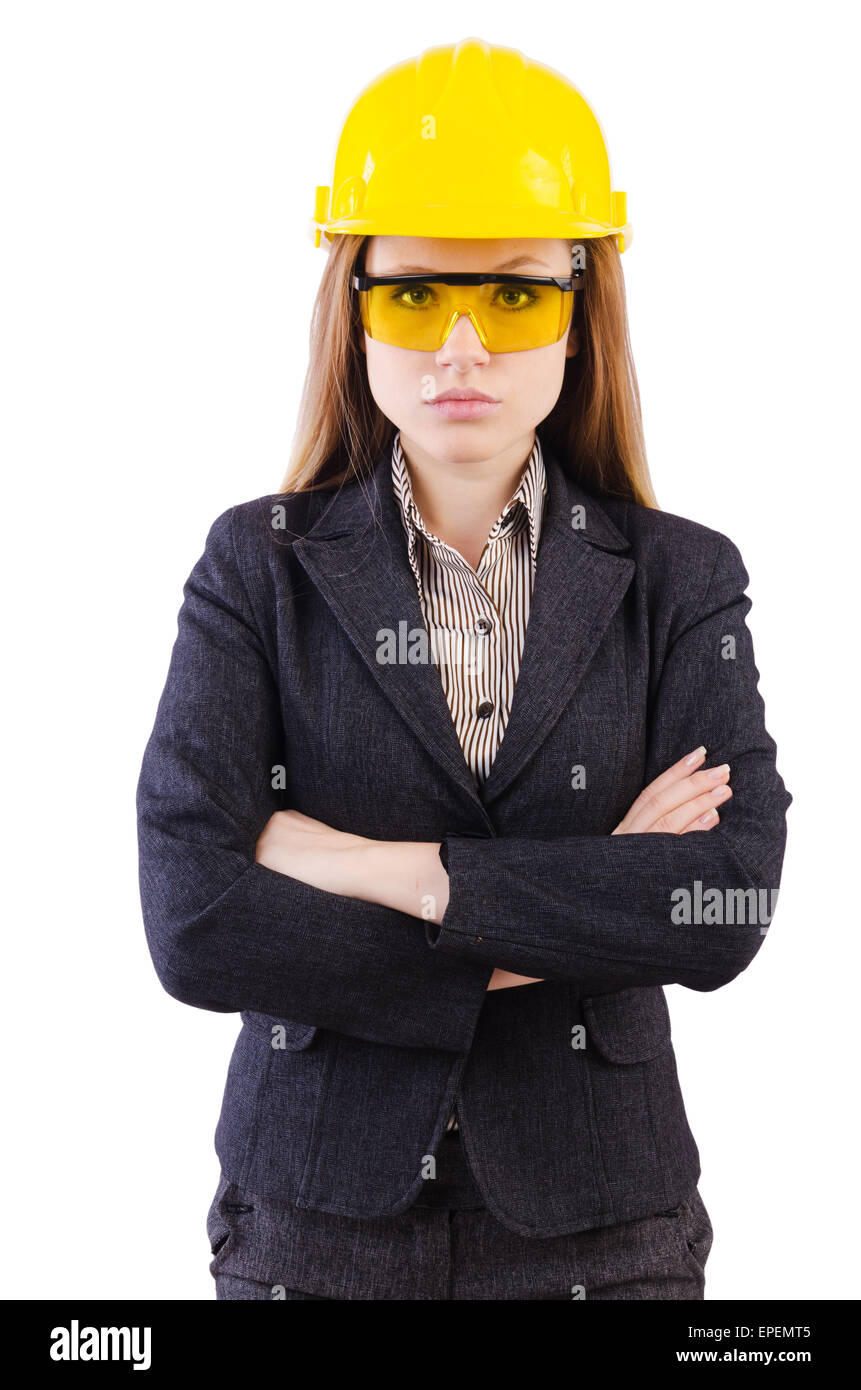 Woman construction worker isolated on white Stock Photo - Alamy