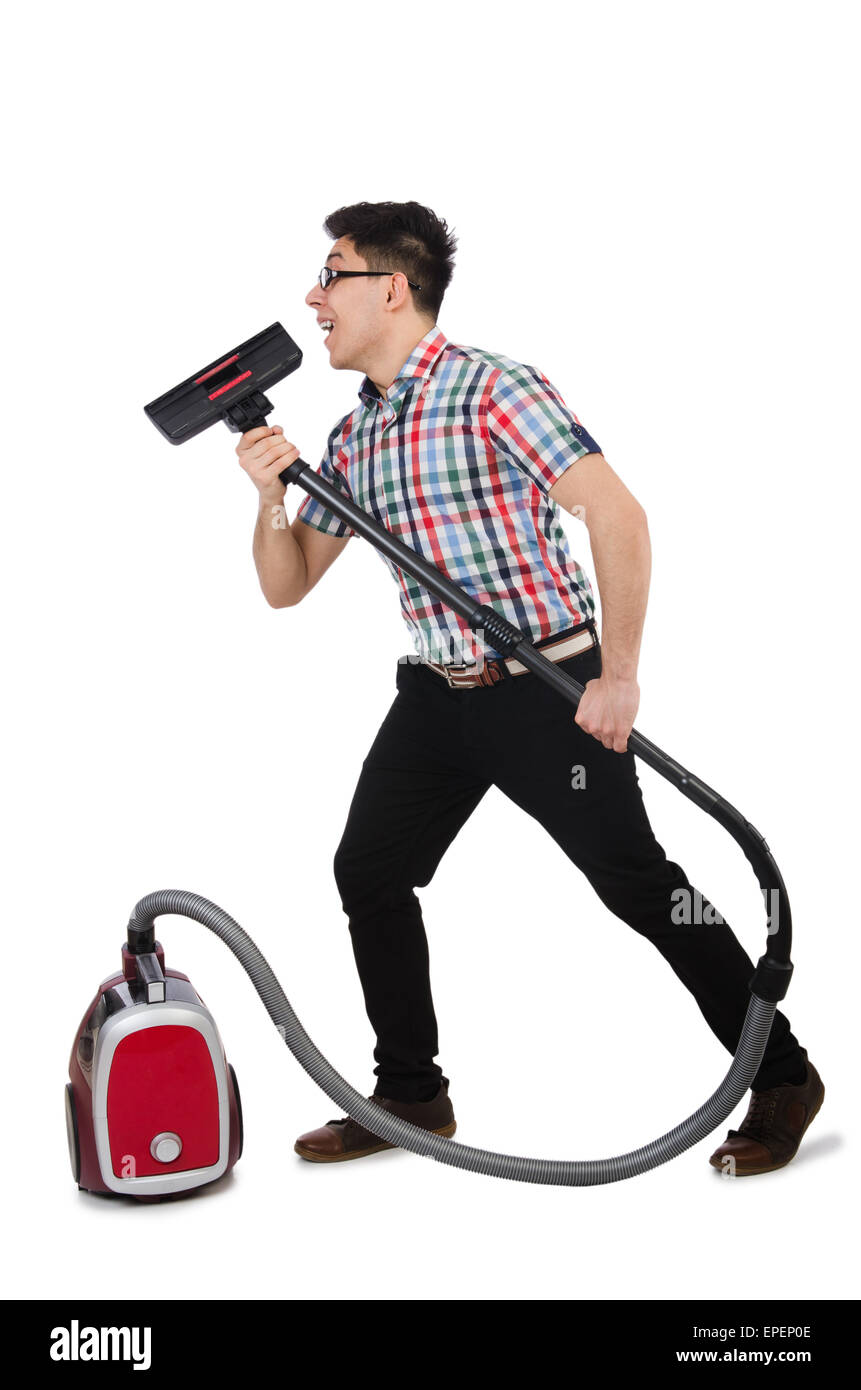 Funny man with vacuum cleaner on white Stock Photo Alamy