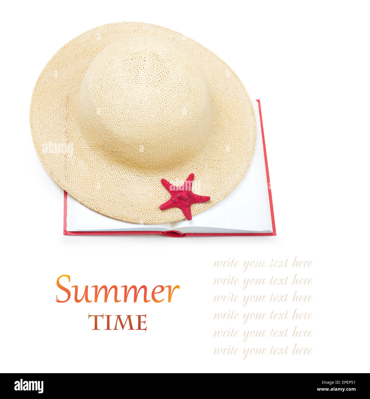 Straw hat with book and red starfish isolated on white background Stock Photo