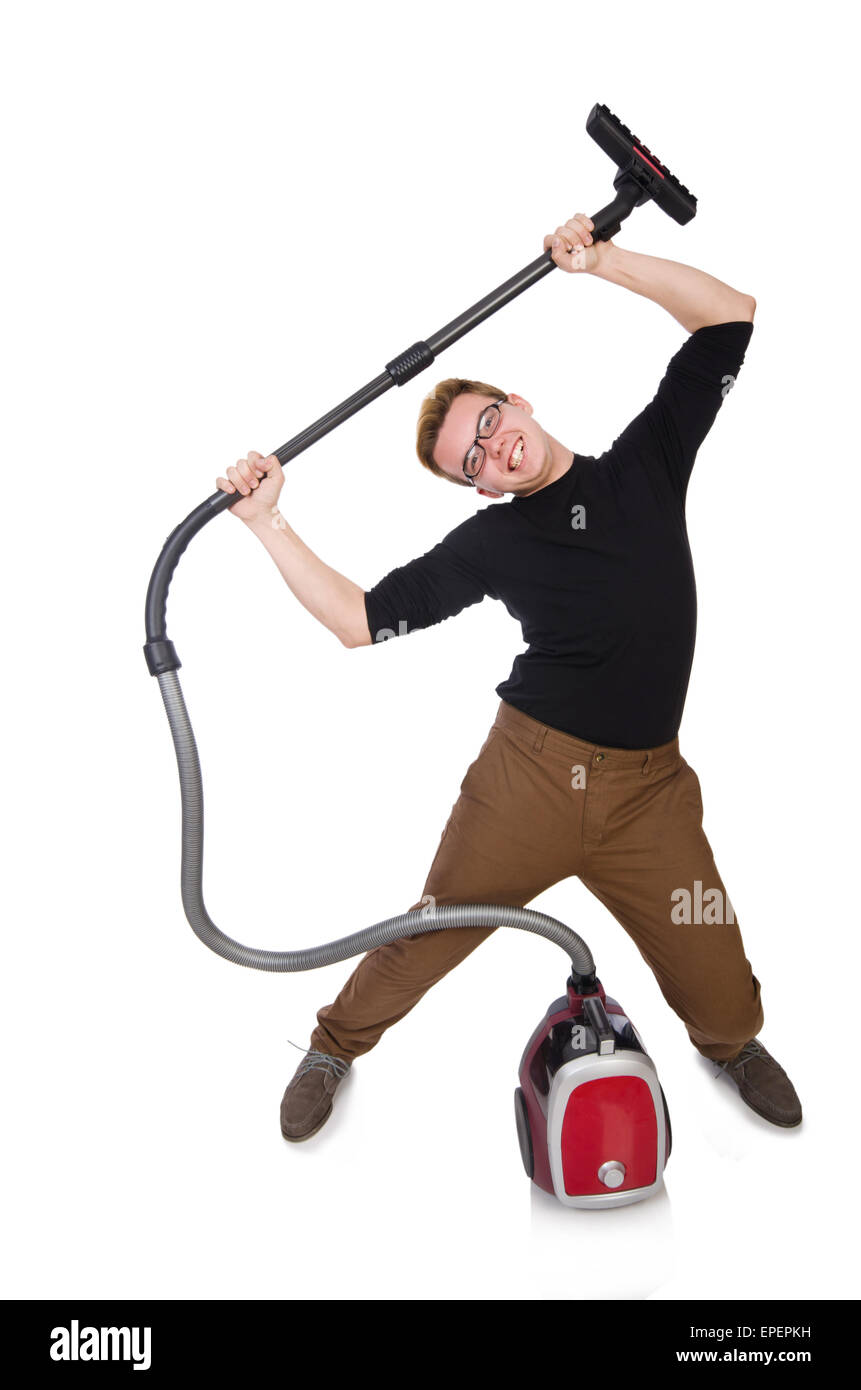 Funny man with vacuum cleaner on white Stock Photo Alamy