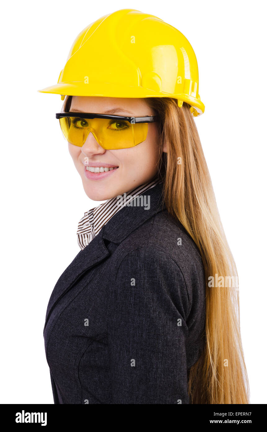 Woman construction worker isolated on white Stock Photo - Alamy