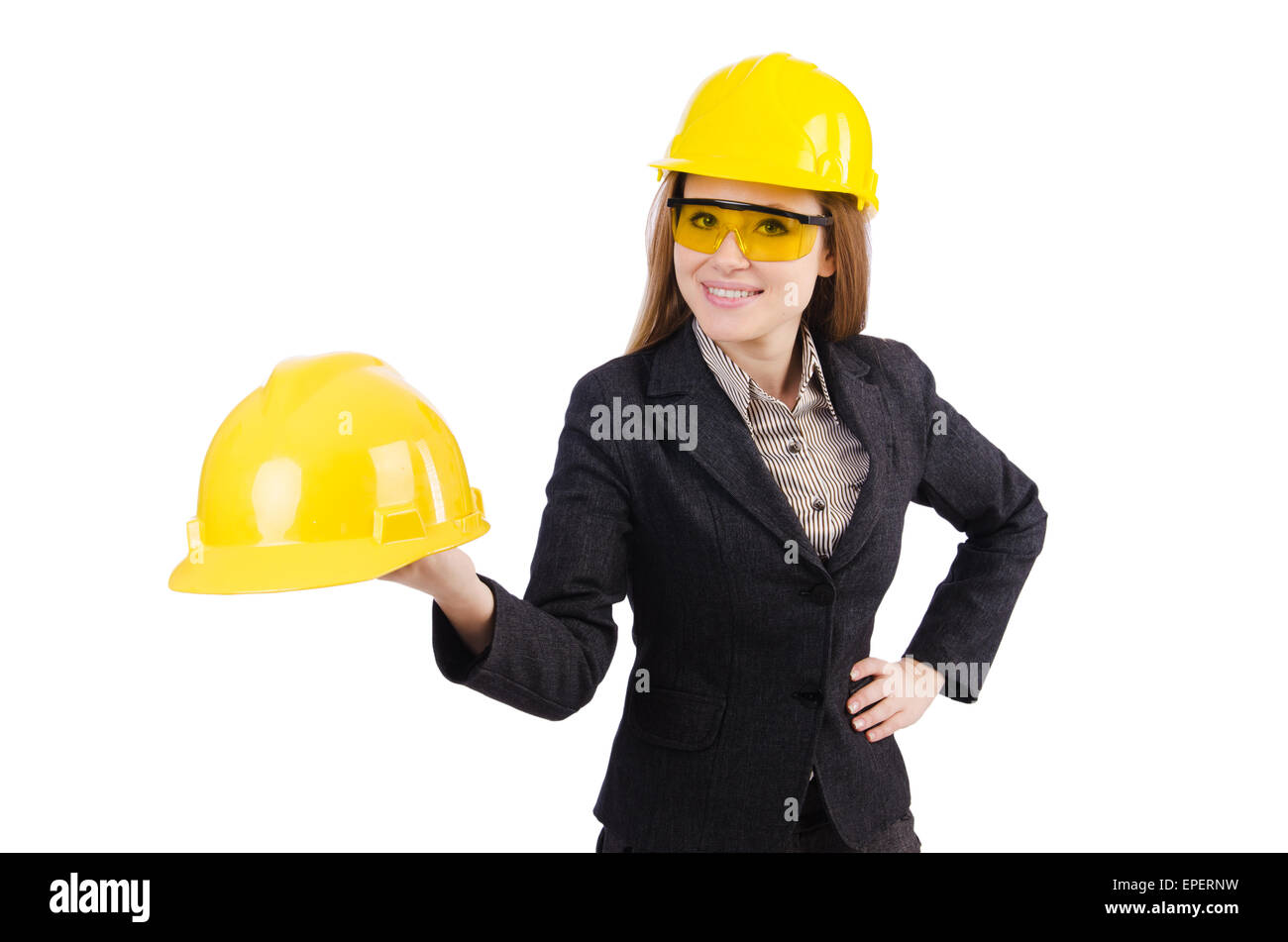 Woman construction worker isolated on white Stock Photo - Alamy