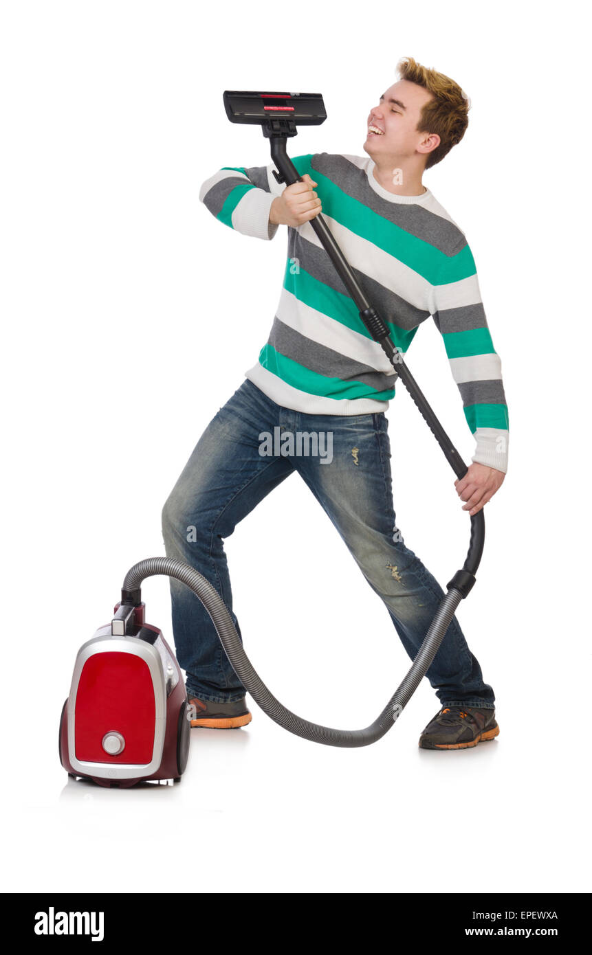 Funny man with vacuum cleaner on white Stock Photo Alamy