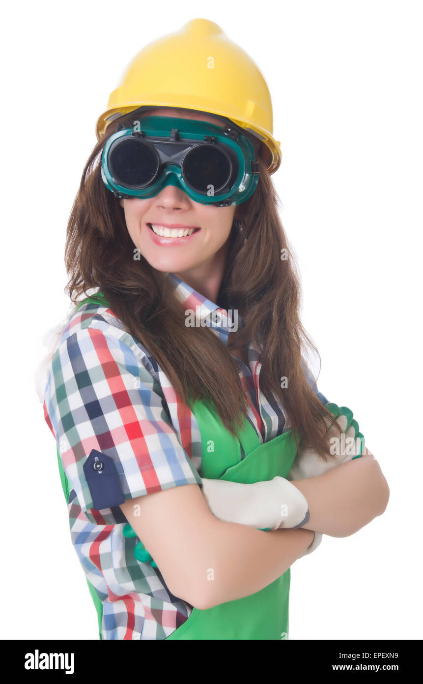 Woman wearing goggles in safety concept Stock Photo Alamy