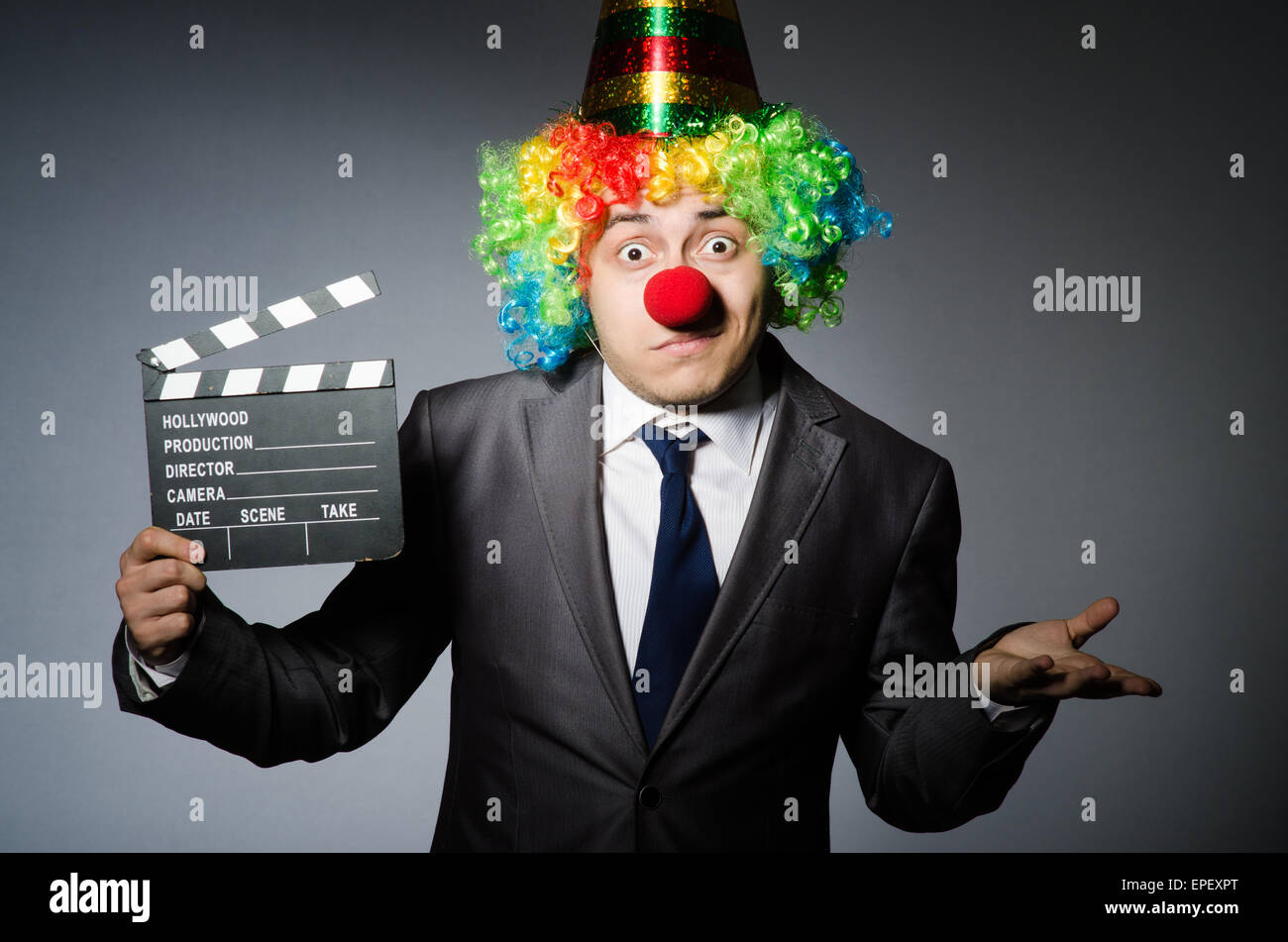 Clown with the movie board Stock Photo