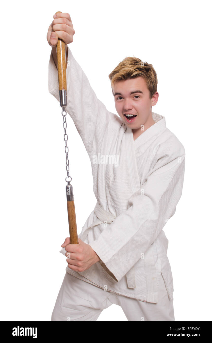 Funny karate fighter with nunchucks on white Stock Photo Alamy(02)