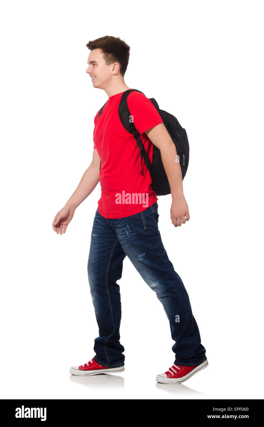Student with backpack isolated on white Stock Photo - Alamy