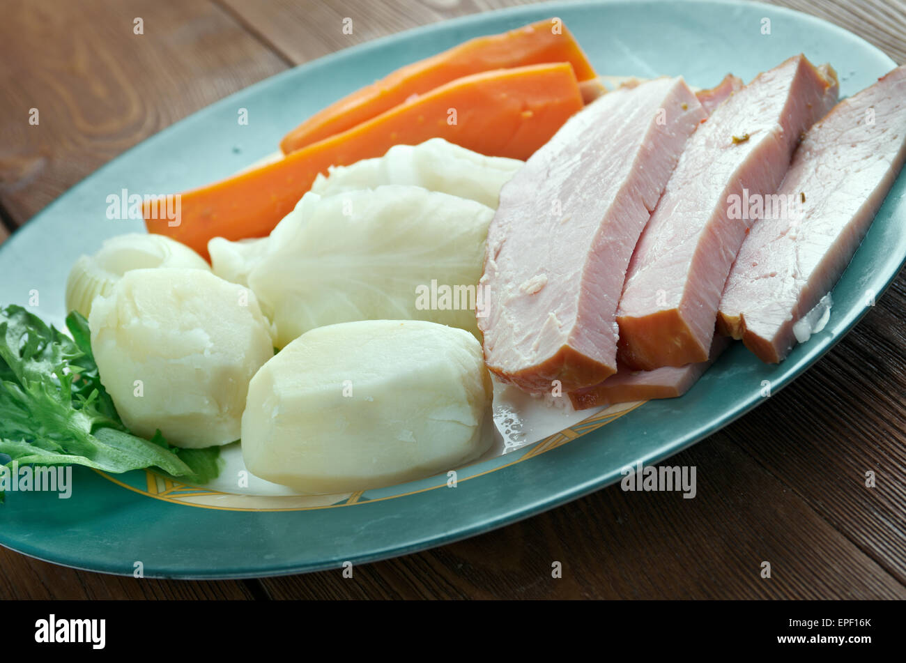 New England boiled dinner - basis  traditional New England meal, consisting of corned beef with cabbage and vegetable, potato.po Stock Photo