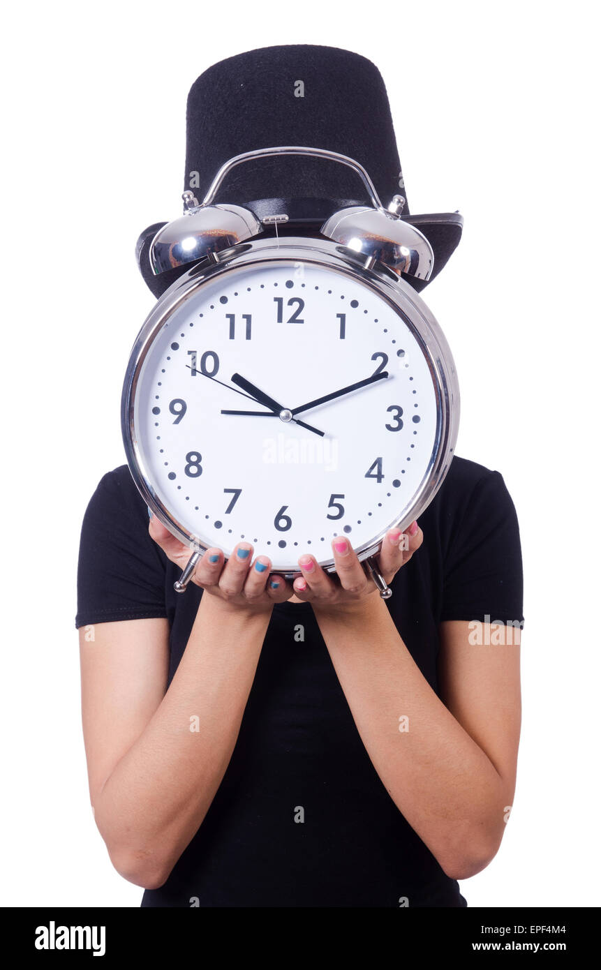 Young woman with clock isolated on white Stock Photo - Alamy