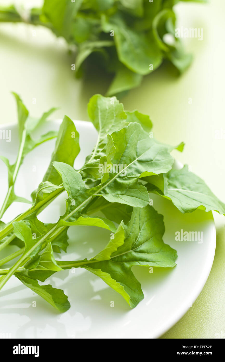 arugula leaves on kitchen table Stock Photo