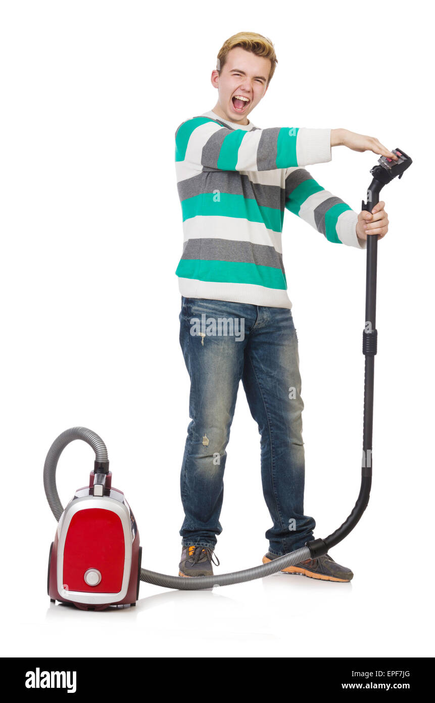Funny man with vacuum cleaner on white Stock Photo Alamy