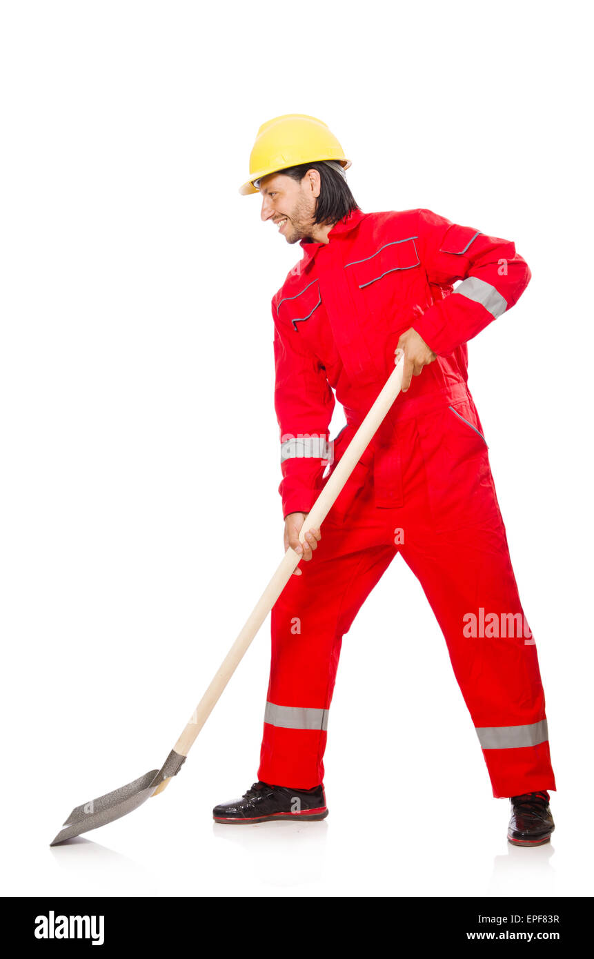 Man in red coveralls with spade Stock Photo