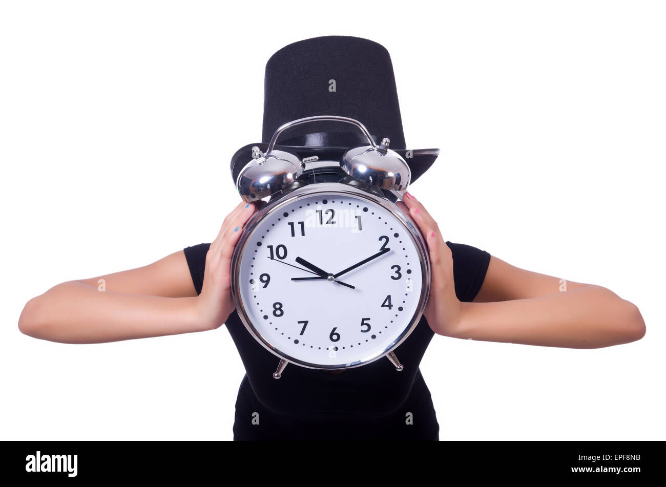Young woman with clock isolated on white Stock Photo - Alamy