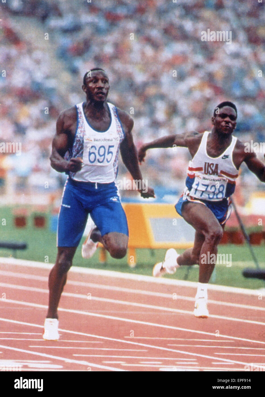 Linford Christie running in 100m Final at the Barcelona Olympics, Spain, Saturday 1st August 1992. Also pictured, Dennis Mitchell. Stock Photo