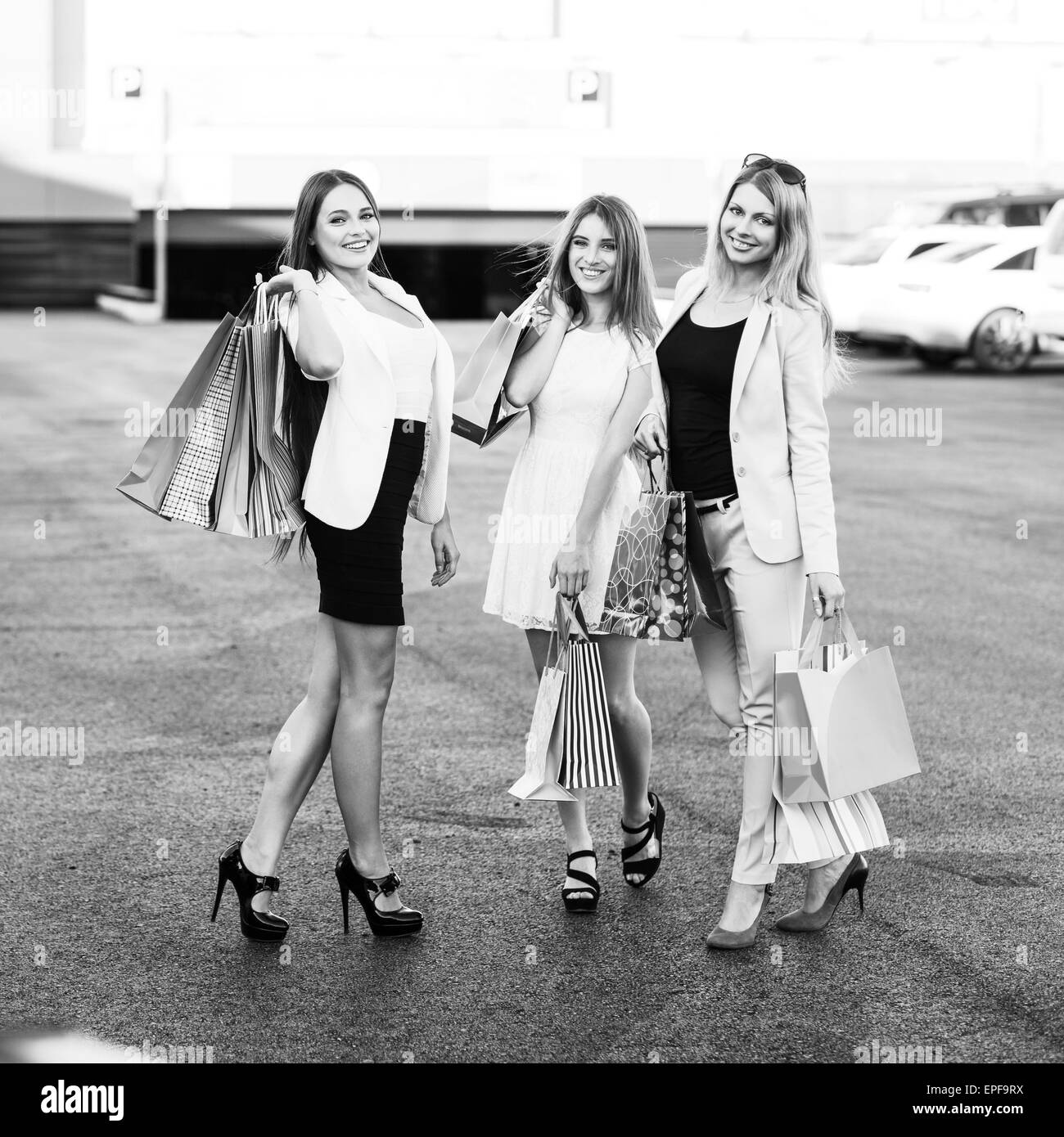 Group of girls after shopping Stock Photo