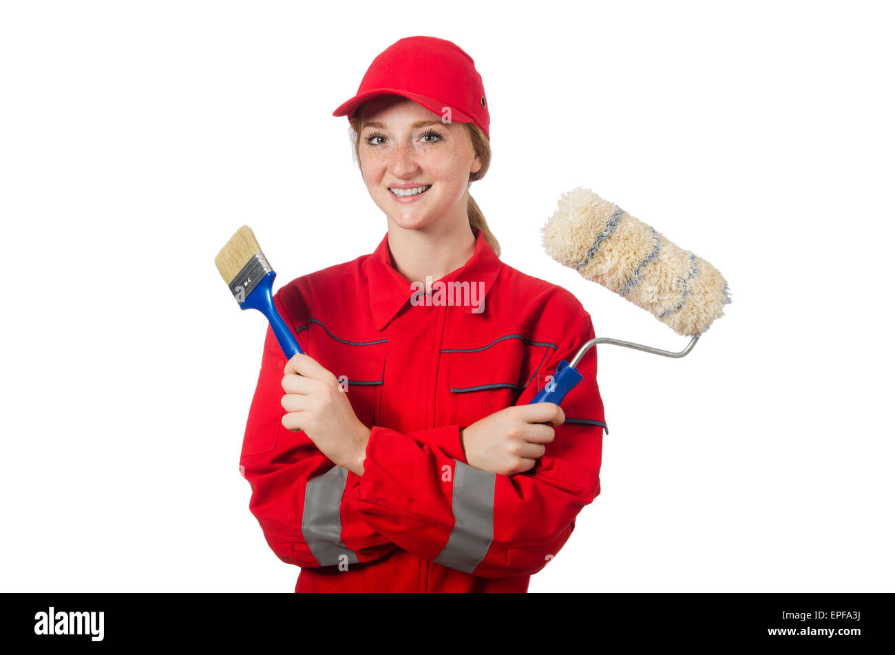 Woman painter in red coveralls isolated on the white Stock Photo Alamy