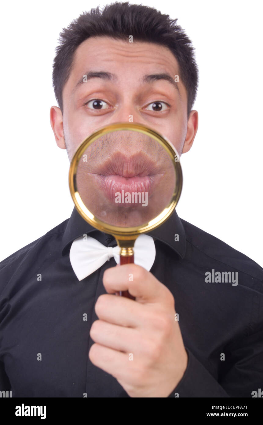 Funny man with magnifying glass Stock Photo Alamy