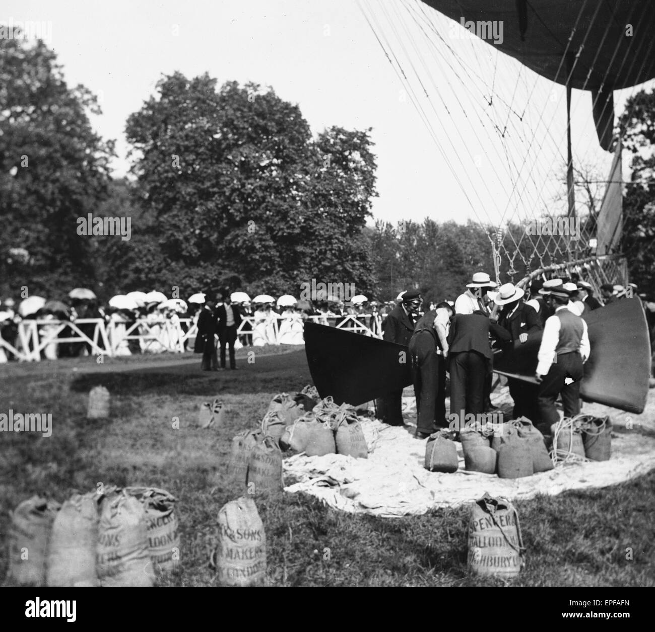 Hugh and Herbert Spencer and their ground crew seen here preparing the Spencer Airship for flight, image is believed to have been taken near Croydon Circa May 1908 Stock Photo