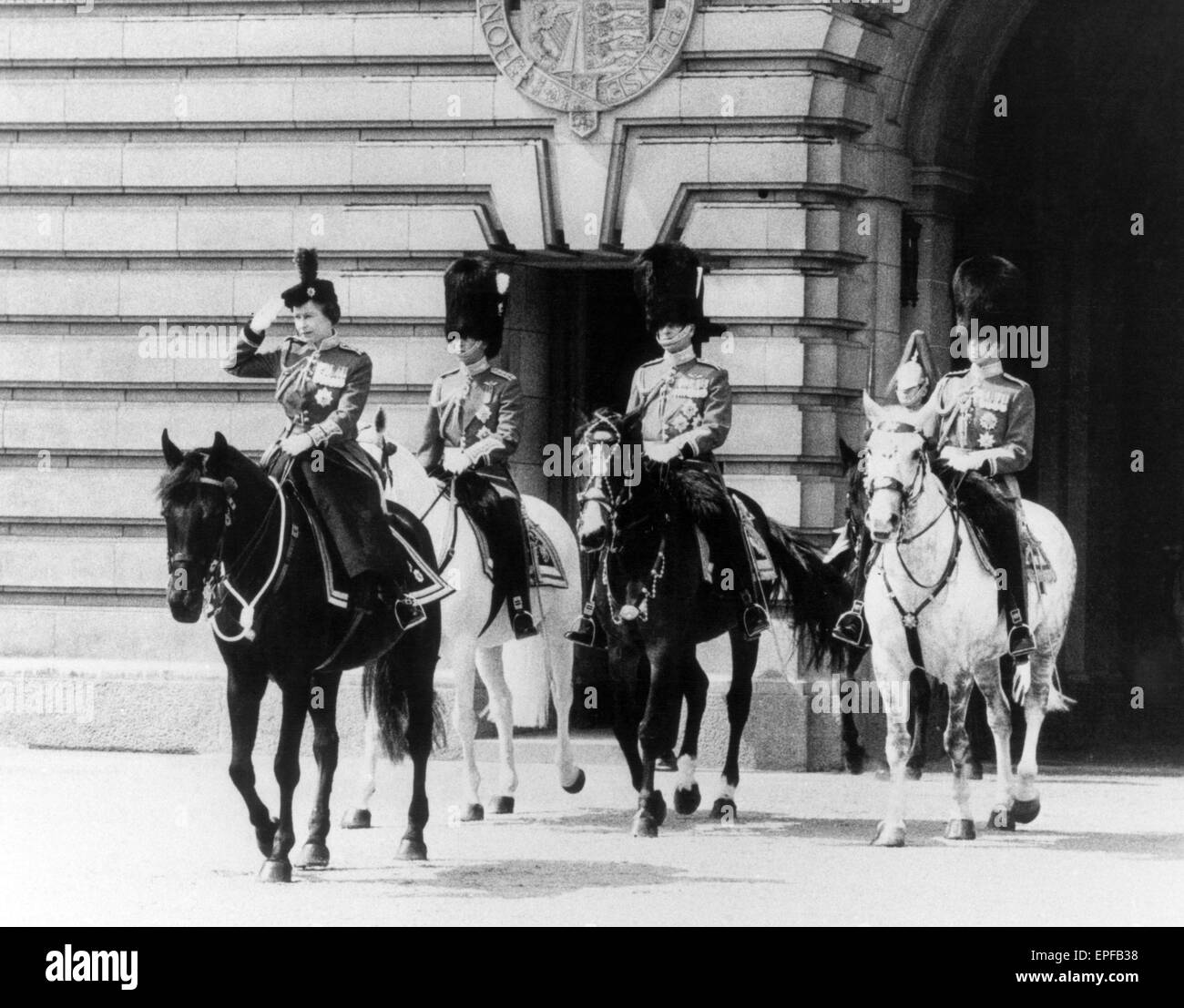 The Queen takes part in Trooping of the Colour ceremony with 2nd Battalion Coldstream Guards, Horse Guards Parade,, London, Saturday 12th June 1976. Stock Photo