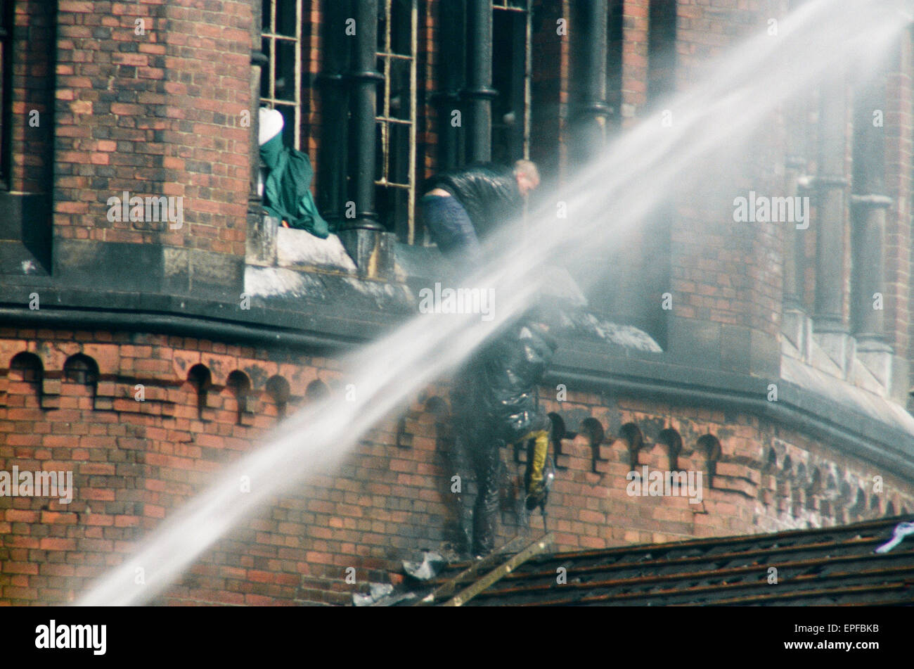 A 25-day prison riot and rooftop protest at Strangeways Prison in Manchester, England. The riot began on the 1st April 1990 when prisoners took control of the prison chapel, and the riot quickly spread throughout most of the prison. The riot and rooftop p Stock Photo