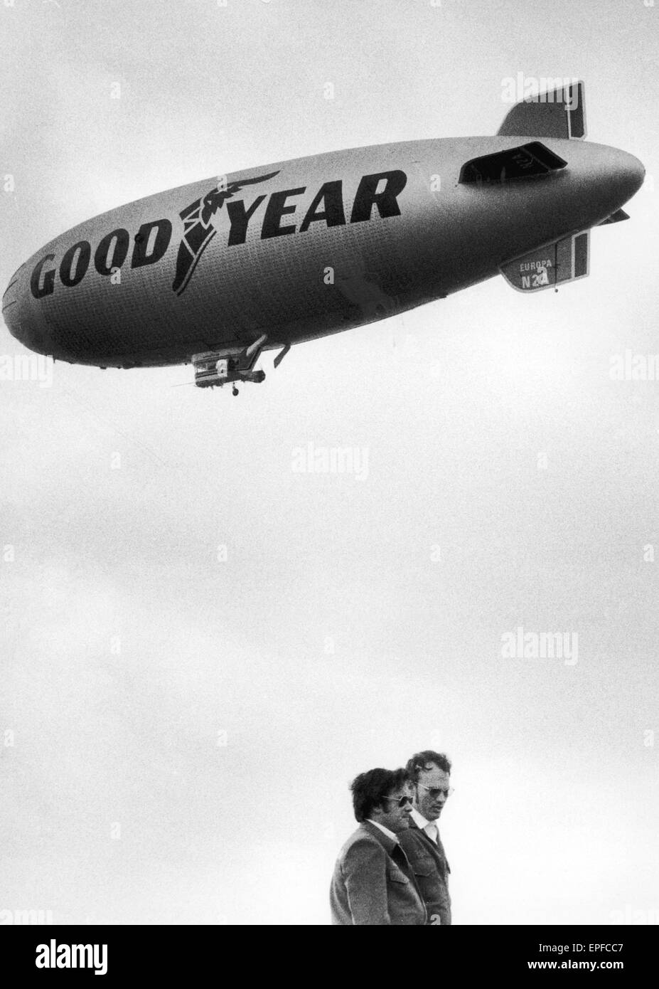 The rebuilt Goodyear Airship Europa which crashed in April 1972 seen here in the skies over RAF Cardington formerly the Royal Airship Works completing it's flight trials before re-entering service. 25th June 1972 Stock Photo