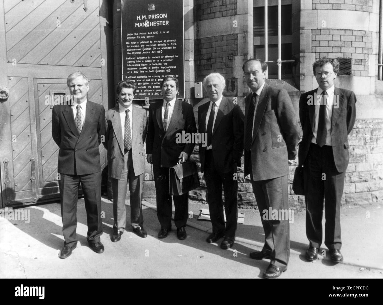 Strangeways Prison Riot 29th April 1990. Members of Home Affairs committee along with local MPs, visit Strangeways. Left to Right, Joe Ashton, Tony Lloyd, Alan Meale, Bob Litherland, John Greenway and Paul Silk.  A 25-day prison riot and rooftop protest a Stock Photo