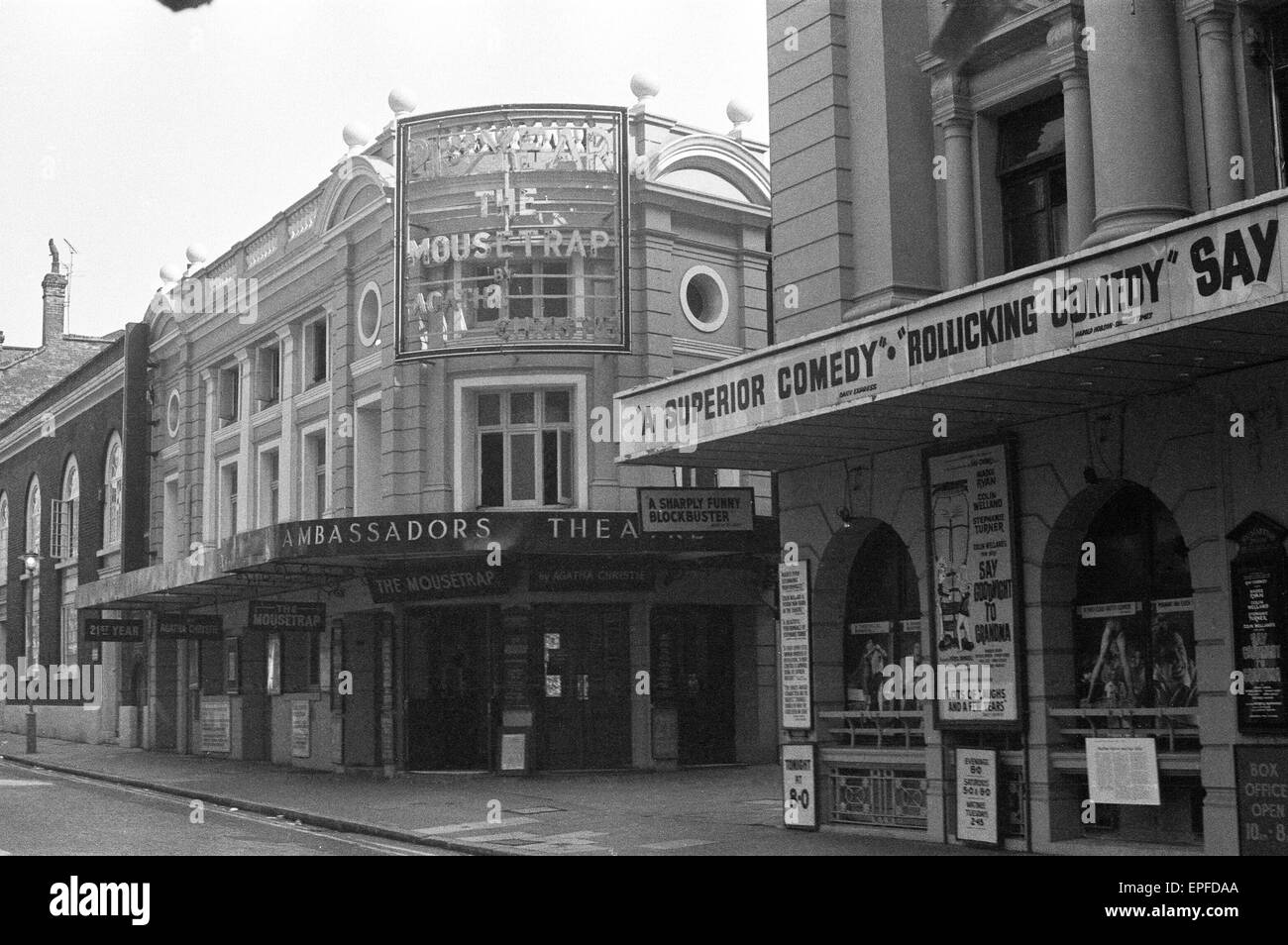 Exterior view of the Ambassadors Theatre in West Street, London Circa 1971. Stock Photo
