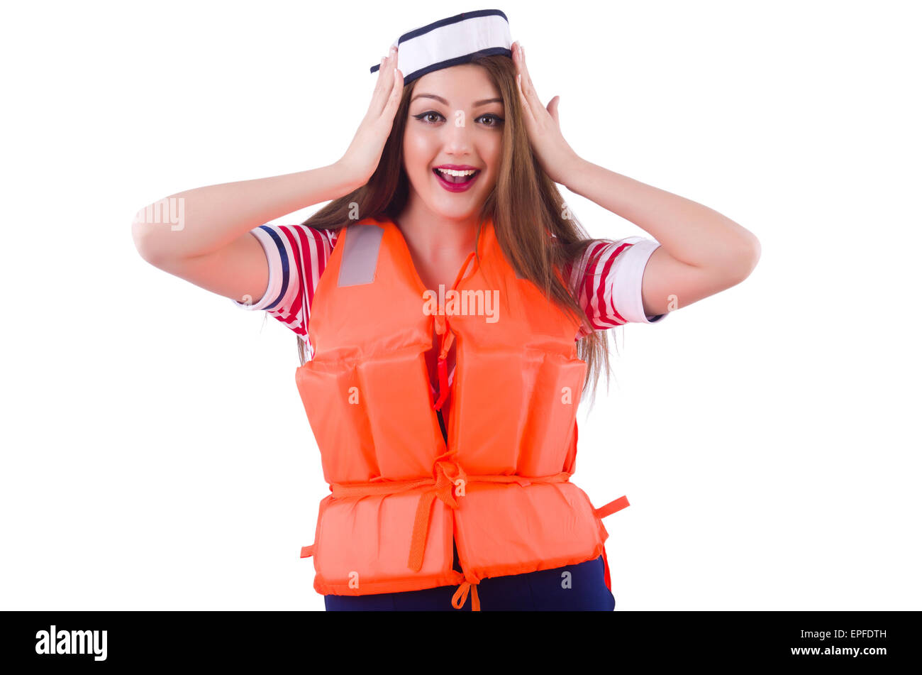 Woman with orange vest isolated on white Stock Photo - Alamy