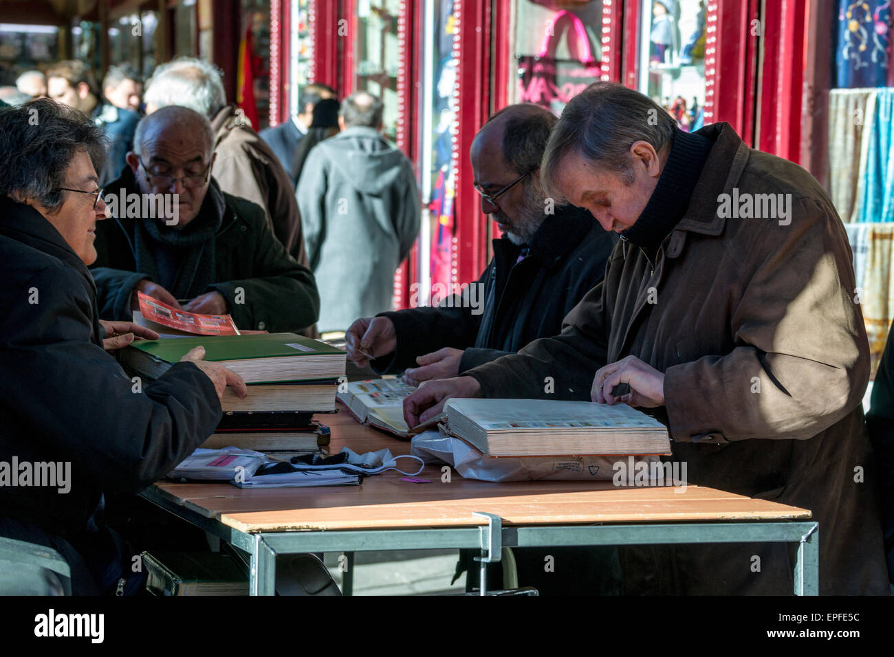 Philatelists at Plaza Mayor in Madrid, Spain Stock Photo