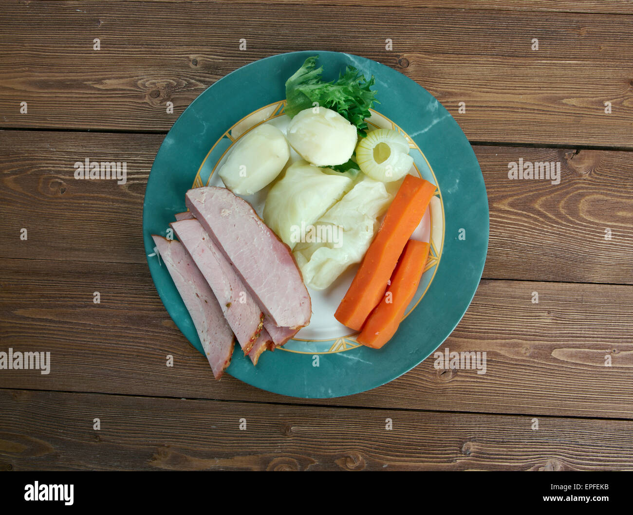 New England boiled dinner - basis  traditional New England meal, consisting of corned beef with cabbage and vegetable, potato.po Stock Photo