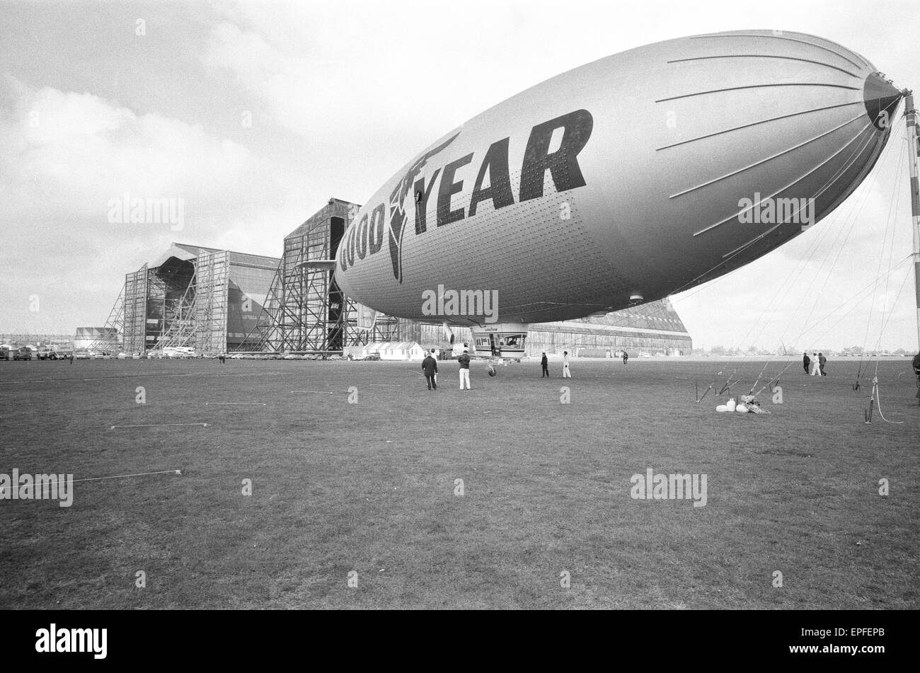 The Goodyear airship Europa seen here moored outside the giant R101 sheds at RAF Cardington formerly the Royal Airship Works, Bedfordshire. 8th March 1972 Stock Photo