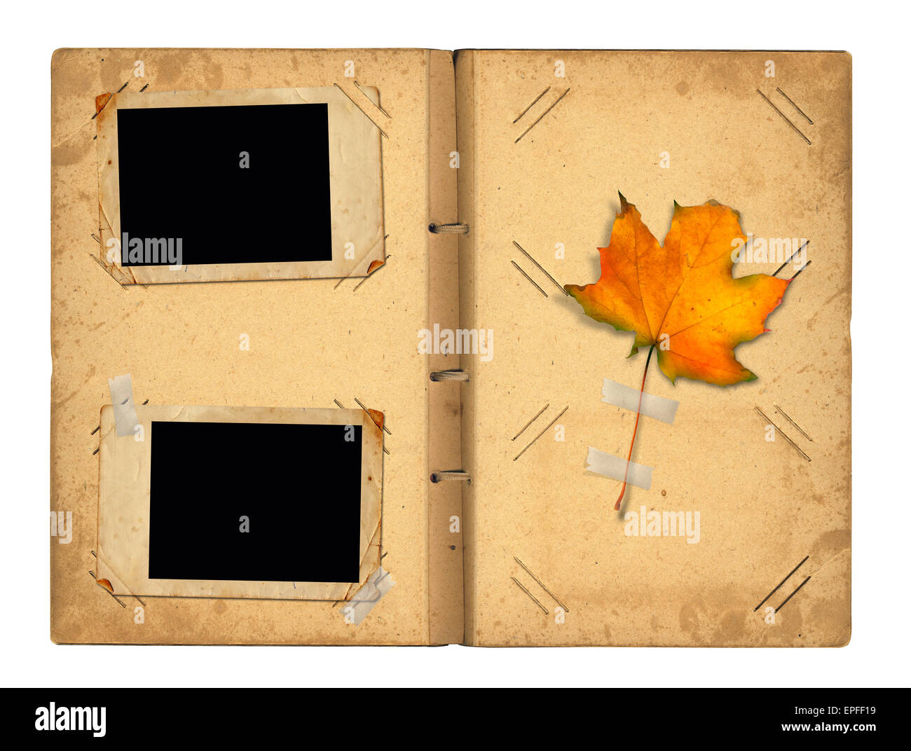 Open vintage photoalbum for photos with autumn foliage on white isolated background Stock Photo