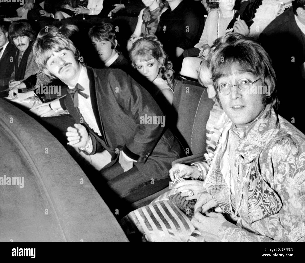 The Beatles attend Film Premiere of 'How I Won The War' at the London Pavilion, 18th October 1967. George Harrison. Paul McCartney. Ringo Starr and John Lennon. Stock Photo