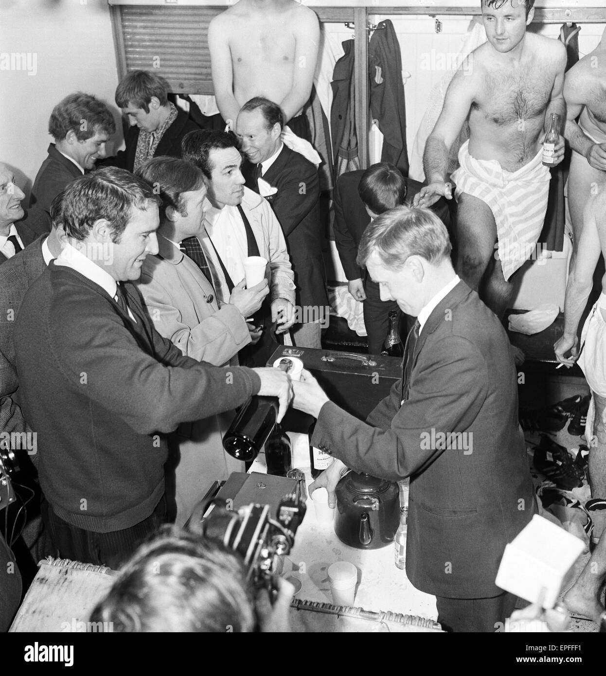 Newcastle Utd v Manchester City 11th May 1968  League Division One Match at St James Park Malcolm Allison celebrates with players in dressing room after match. Final Score Newcastle 3 Manchester City 4 Stock Photo