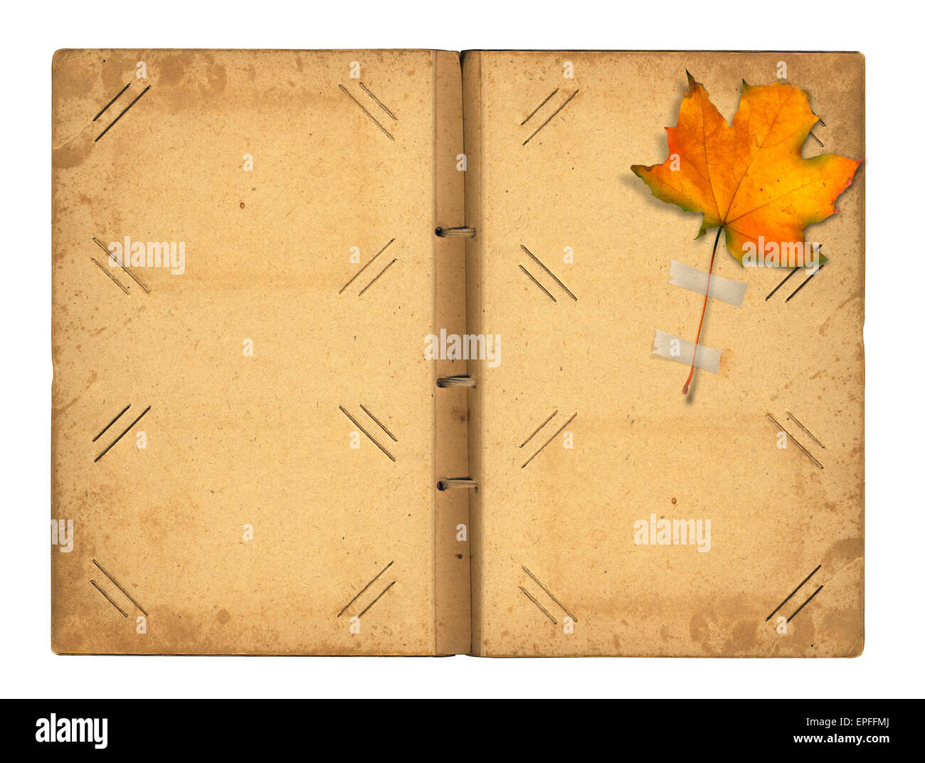 Open vintage photoalbum for photos with autumn foliage on white isolated background Stock Photo