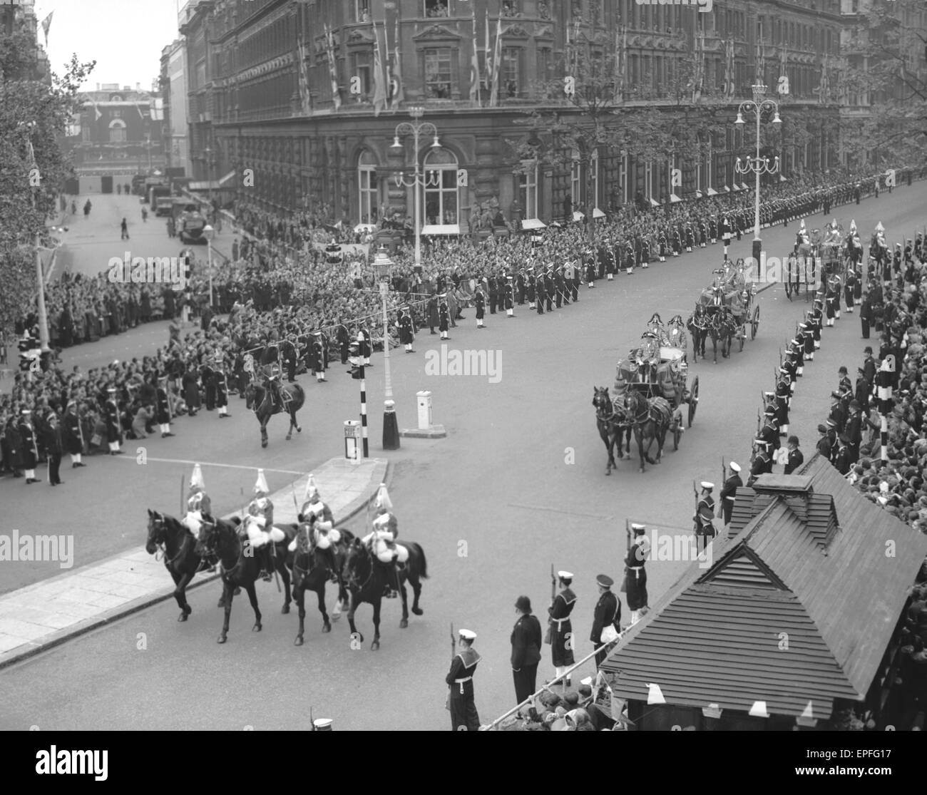 The Carriage Procession of Princes and Princesses of the Blood Royal escorted by the NCO's of the Household Cavalry along Northumberland Avenue to Westminster Abbey for the Coronation of Queen Elizabeth 2nd June 1953 Stock Photo