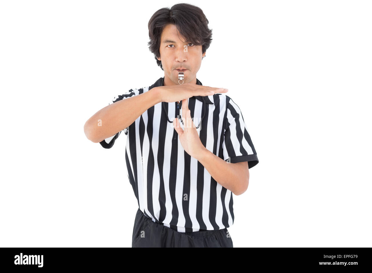 Serious referee showing time out sign Stock Photo Alamy