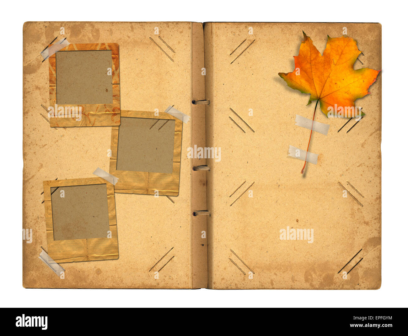 Open vintage photoalbum for photos with autumn foliage on white isolated background Stock Photo