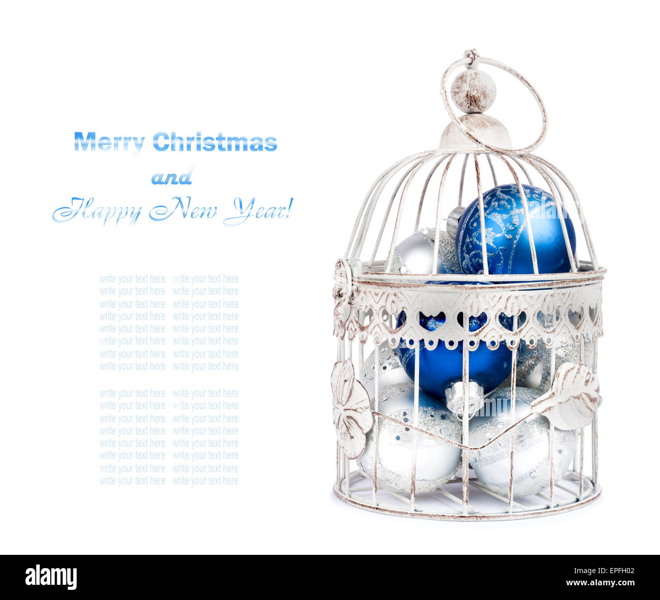 Blue and silver christmas balls in cage on the isolated white ...