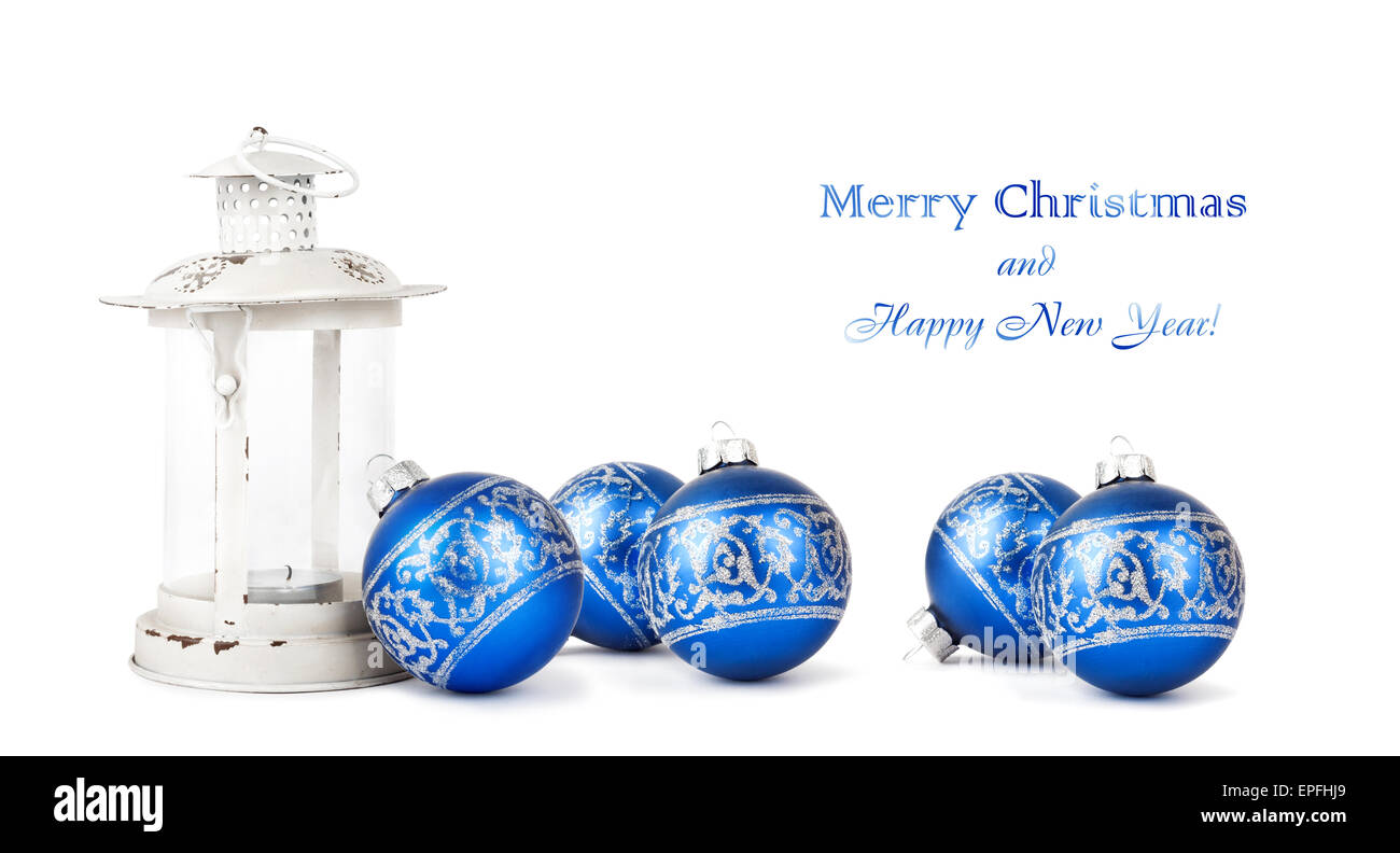 Blue Christmas balls and vintage lantern isolated on white background Stock Photo