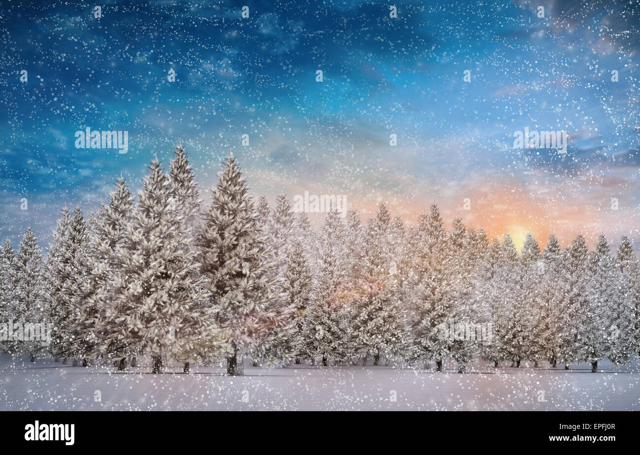 Composite image of fir trees in snowy landscape Stock Photo - Alamy