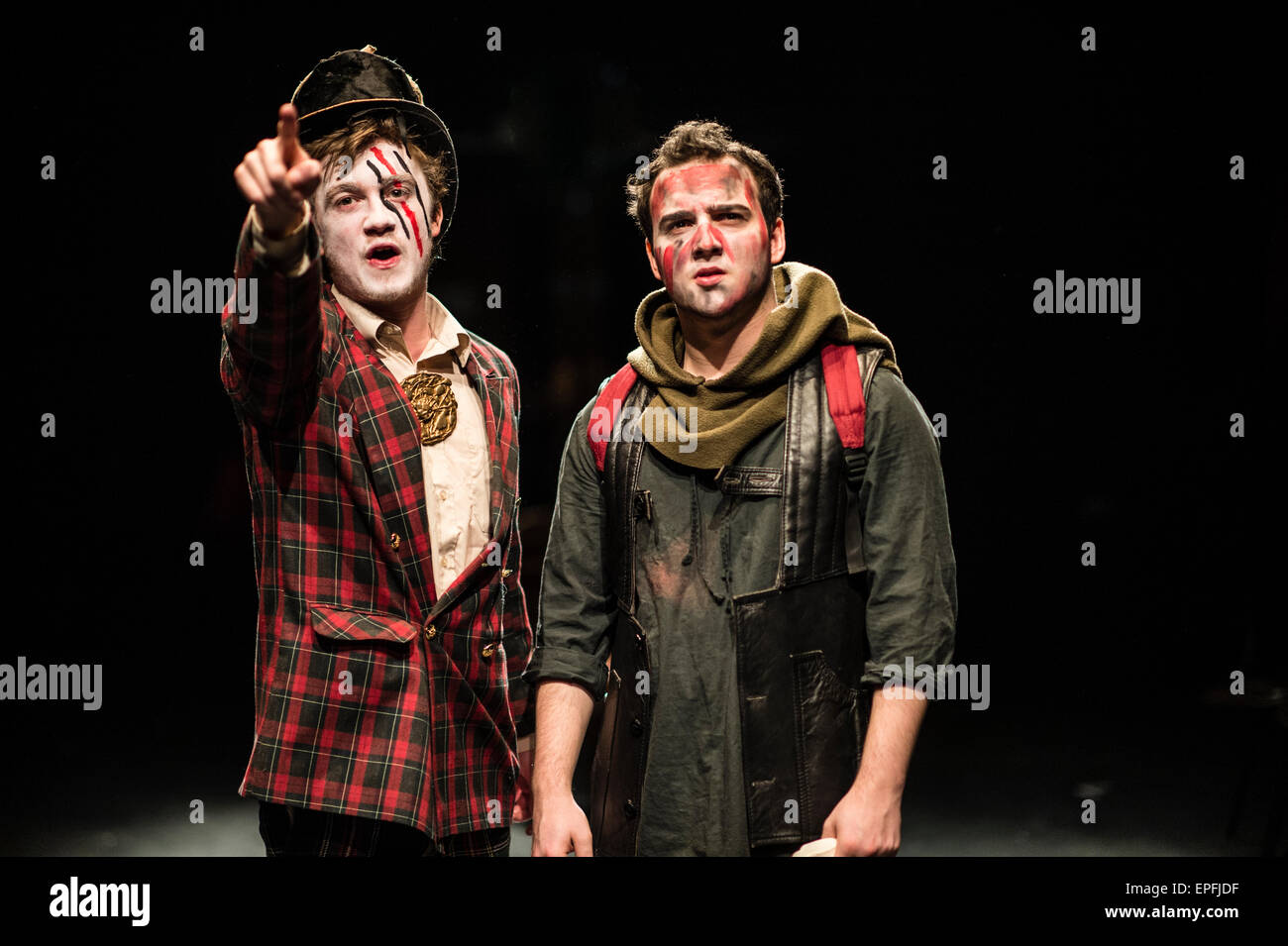 Second year undergraduate  Theatre Studies students at Aberystwyth University performing a rare stage adaptation of Russell Hoban's cult novel 'Riddley Walker', directed by David Rabey, at the Castle Theatre, Aberystwyth Wales UK. Stock Photo
