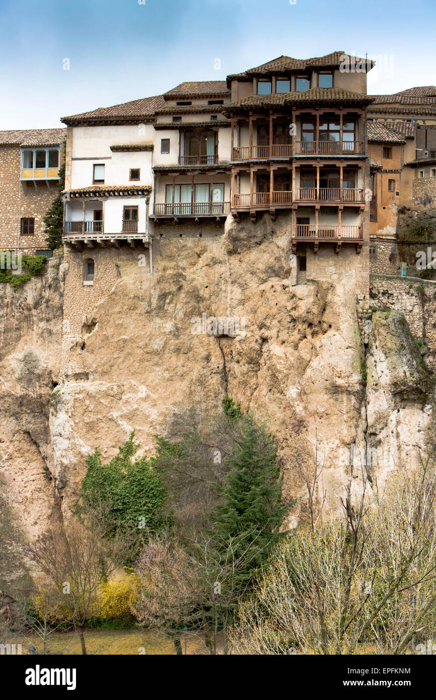 View over the gorge to the few remaining Casas Colgadas (Hanging Houses) in the old town of Cuenca in Castilla La Mancha, Centra Stock Photo