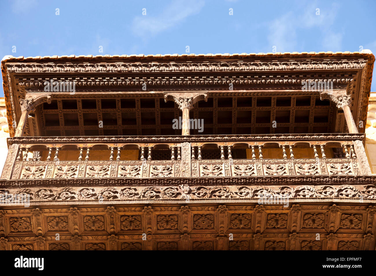 typical woodcarved balcony in the old part of  La Orotava, Tenerife, Canary Islands, Spain, Europe Stock Photo