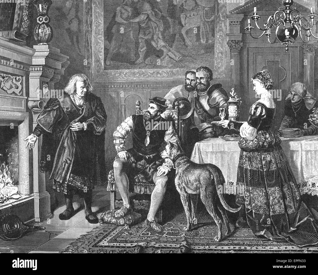 Emperor Charles V at the Fuggers’ House, Augsburg 1535; Anton Fugger burns Charles V’s debenture bonds for the war against Tunis Stock Photo