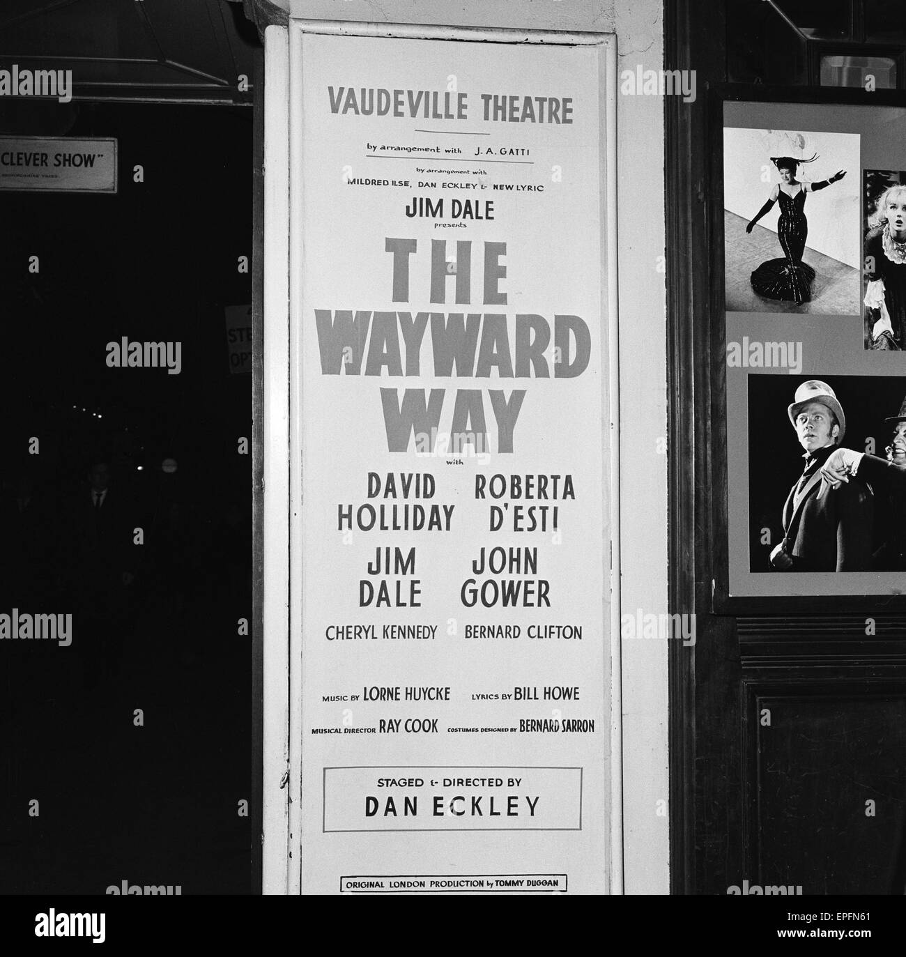 Poster outside the Vaudeville theatre in the West End, central London advertising for the play 'the Wayward Way' starring Jim Dale, 1965. Stock Photo