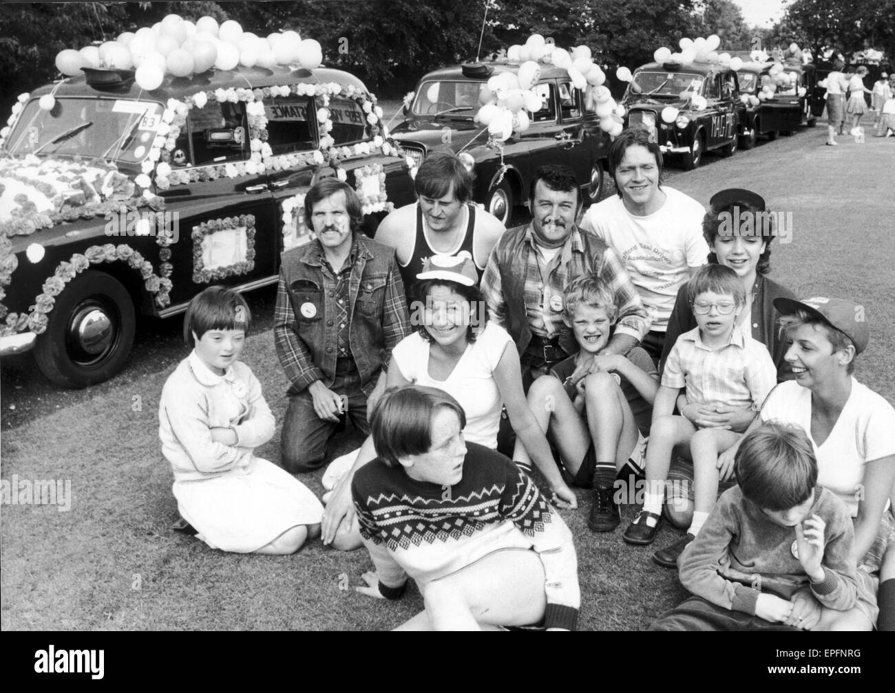 Trafford Taxi Drivers Organisation for Handicapped Children, annual outing, today travelling to Southport,  19th July 1983.  A trip which has been a special day out for hundreds of disabled children. This years outing, costing ¿10,000, was financed with d Stock Photo